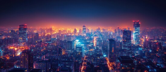 Obraz premium A panoramic view of a city skyline at night, with tall buildings and glowing lights. The sky is a beautiful mix of blue, orange, and pink.
