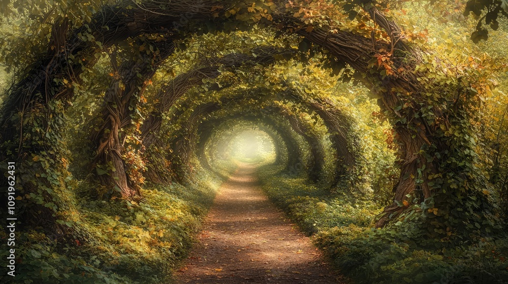 Poster serene forest path with lush green trees and soft sunlight filtering through.