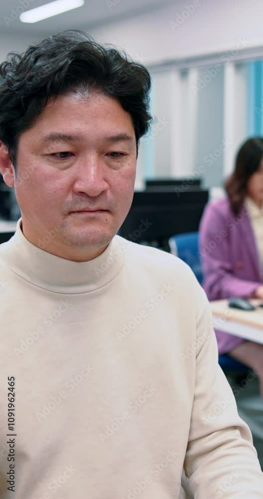 Poster computer, research and business with japanese man in office for project, communication and email. we