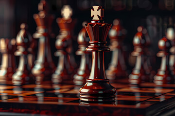 A close-up of a polished wooden chess king piece, contrasting with the blurred background of other chess pieces.