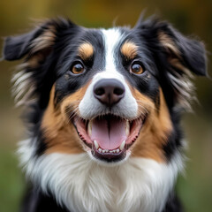 A close-up portrait of an Australian Shepherd dog, its eyes sparkling with joy and its mouth wide open in laughter