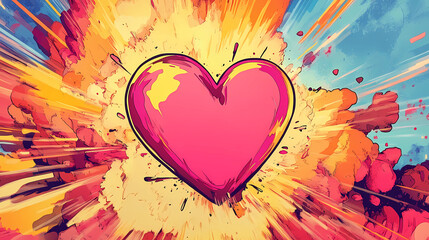 Cartoon heart explosion in the style of colorful cartoon, comic book art with ink outlines, bright and bold color palette