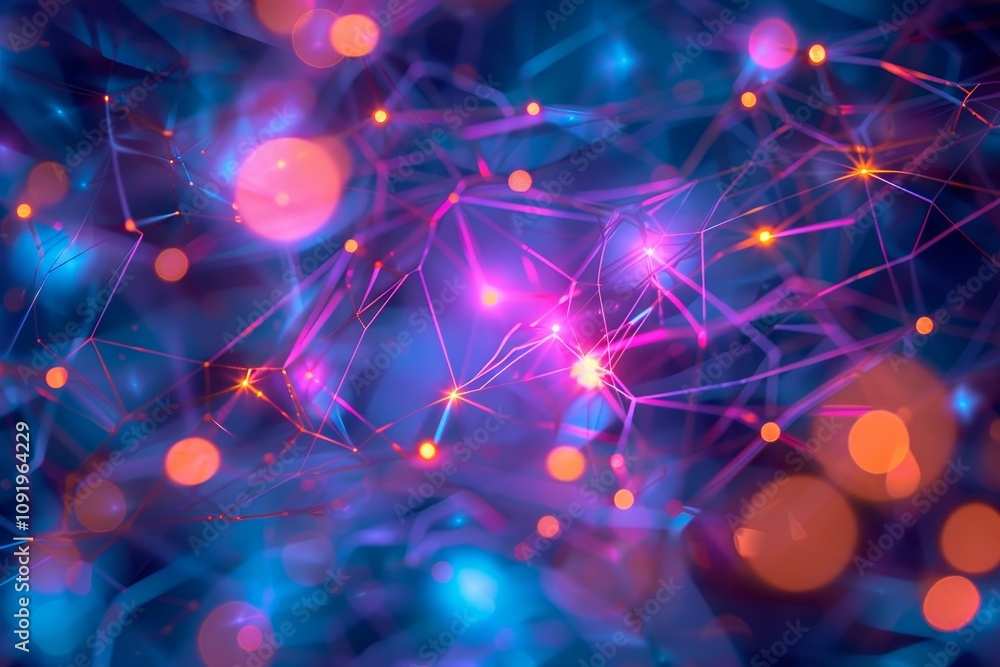 Poster intricate patterns of bright colored lights interact, resembling neural connections in a vibrant dig