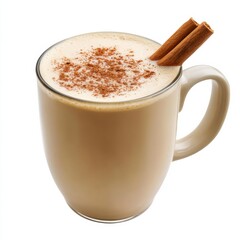 A creamy oat chai with a rich flavor profile and a dash of cinnamon on top, isolated white background, realism art style
