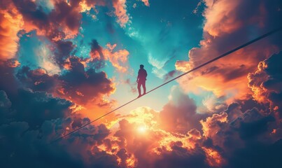 A silhouette of a person walking a tightrope, with a surreal, cloudfilled sky