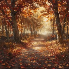 Obraz premium Sunlit autumn path through a forest of red and orange leaves. (1)
