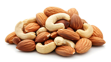 A pile of mixed nuts with almonds cashews and peanuts on white background