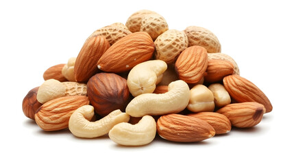 A pile of mixed nuts with almonds cashews and peanuts on white background