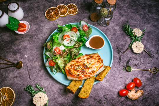 Colorful and healthy salads featuring fresh vegetables, greens, fruits, and a variety of dressings, perfect for promoting healthy eating, light meals, or vegetarian/vegan menus.