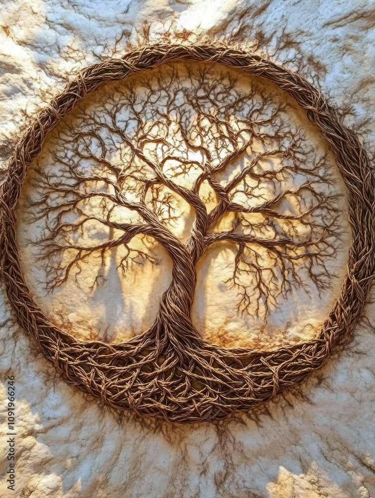 Poster this artwork features an intricate tree of life with intertwining branches and roots, representing g