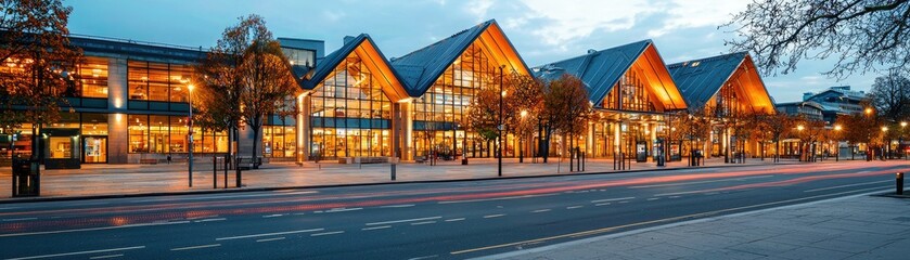 Obraz premium A modern architectural building illuminated at dusk, showcasing sleek lines and warm lighting, surrounded by trees and a bustling street.