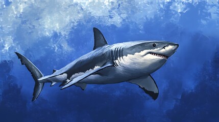 Fototapeta premium A great white shark gliding silently through the deep blue sea.