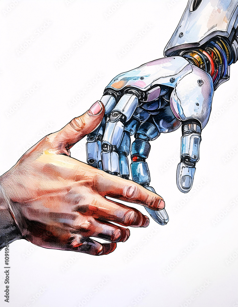 Poster a human hand reaches out to grasp a robotic hand, creating a poignant image of human-ai interaction