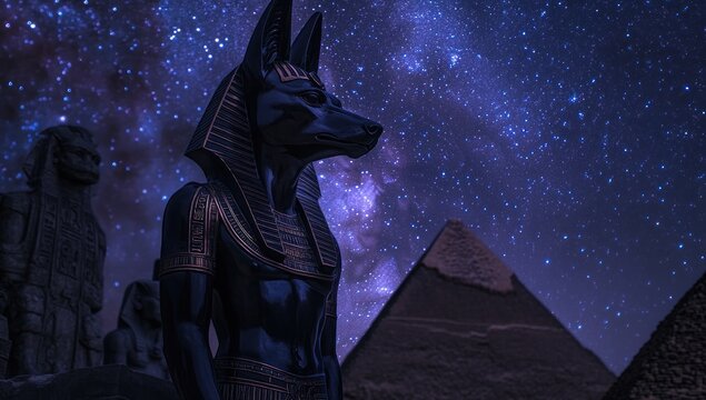 Anubis Statue Underneath the Starry Night