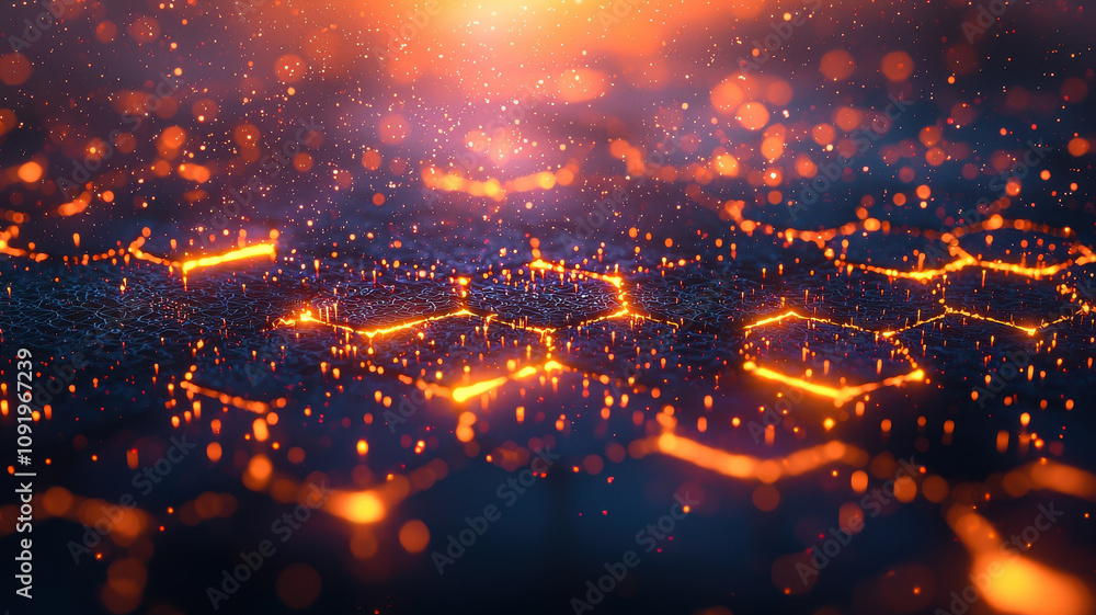 Poster glowing hexagonal patterns create mesmerizing visual effect, with vibrant orange lights shimmering a