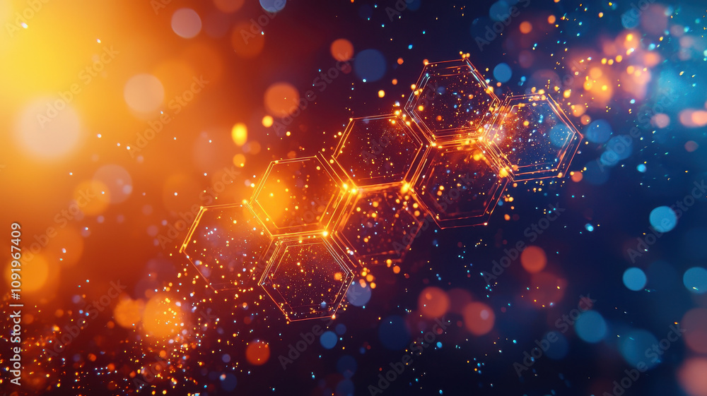 Poster glowing hexagonal chemical bond diagrams with vibrant bokeh effects create mesmerizing visual. inter