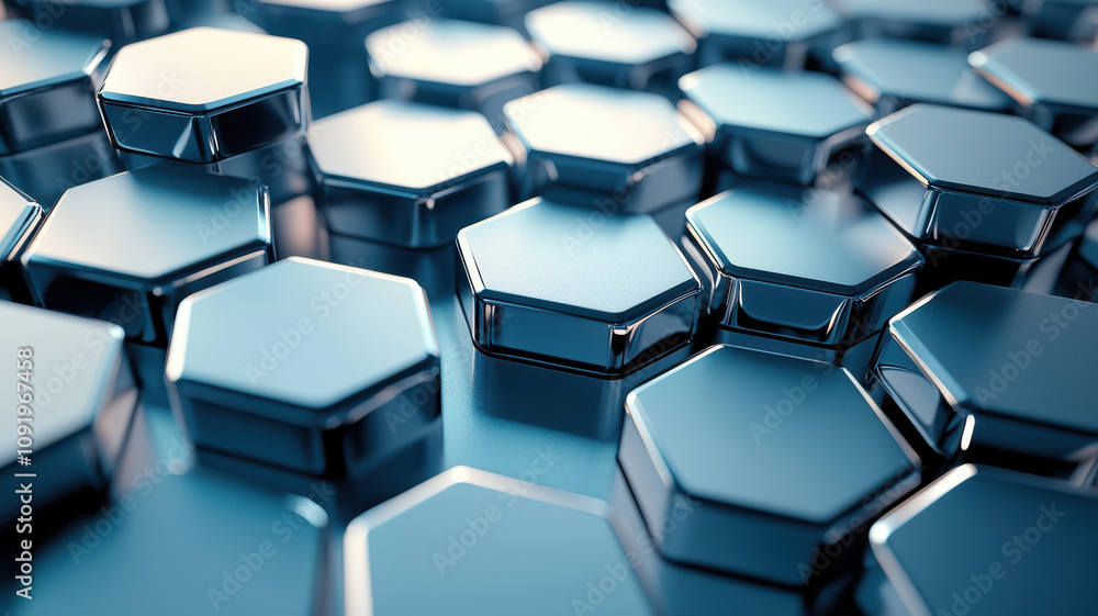 Poster shiny hexagonal patterns create mesmerizing metallic surface, reflecting light beautifully. arrangem