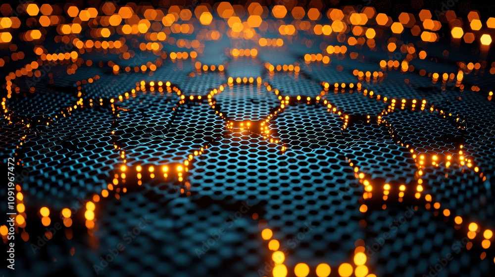 Poster high definition hexagonal background with vibrant glowing patterns, showcasing modern and dynamic de