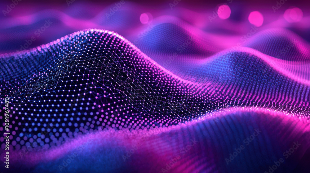 Poster vibrant hexagonal background with flowing waves in purple and blue tones, creating dynamic and energ