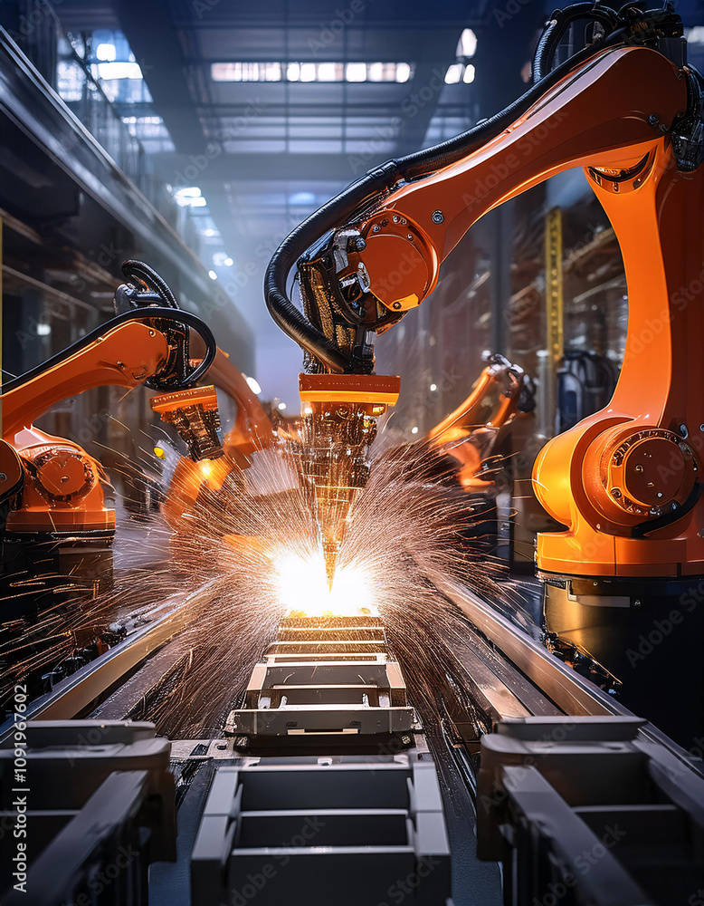 Poster industrial robots working on a production line in a factory