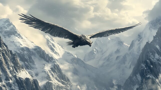 A hippogriff soaring over snow-capped mountains.


