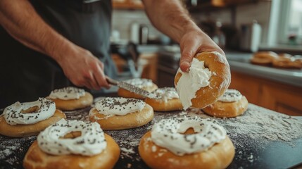 A baker carefully frosts sweet treats, adding a touch of elegance to each one.