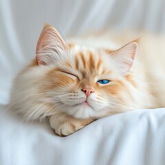 A beautiful white cat with bright blue eyes is peacefully sleeping on a soft white background, the soft fur glows in the natural light.
