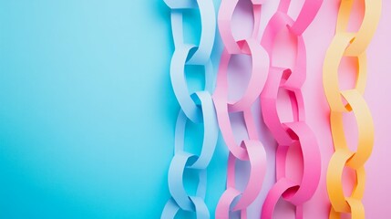 Pastel paper chains hang against a light blue background. A cheerful and festive image.