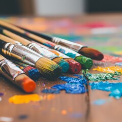 Fototapeta premium A collection of paintbrushes resting on a colorful, paint-splattered surface.