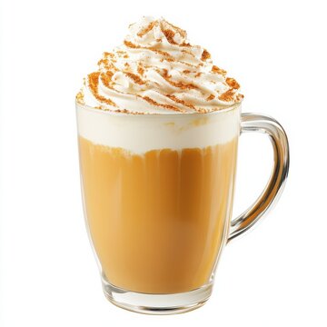 A creamy pumpkin spice latte with whipped cream and a sprinkle of pumpkin spice, isolated white background, realism art style