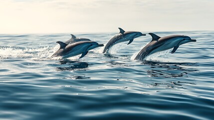 Fototapeta premium A pod of dolphins leaping from crystal-clear ocean waters under a bright sunny sky.