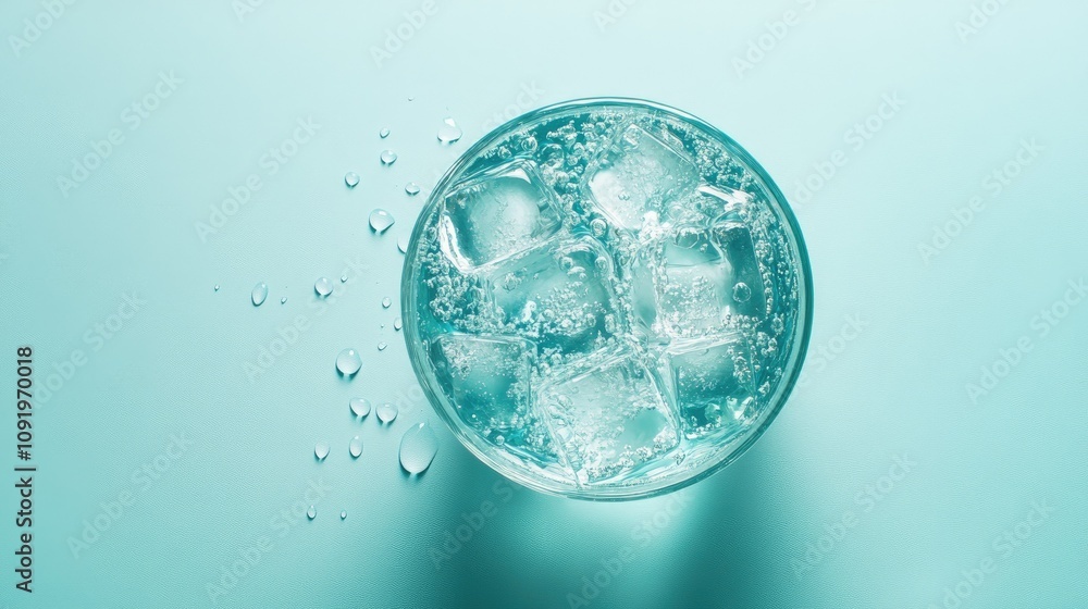 Poster refreshing clear beverage with ice cubes in a transparent glass on a soft teal surface with drops of