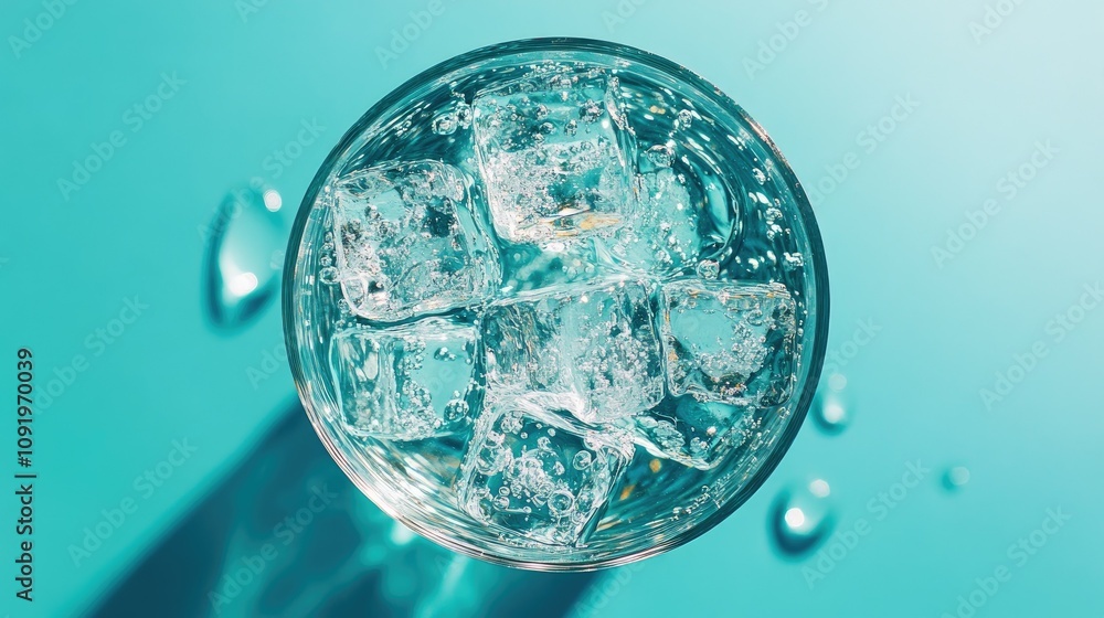Poster refreshing glass of sparkling water with ice cubes on a vibrant aqua background capturing a cool and