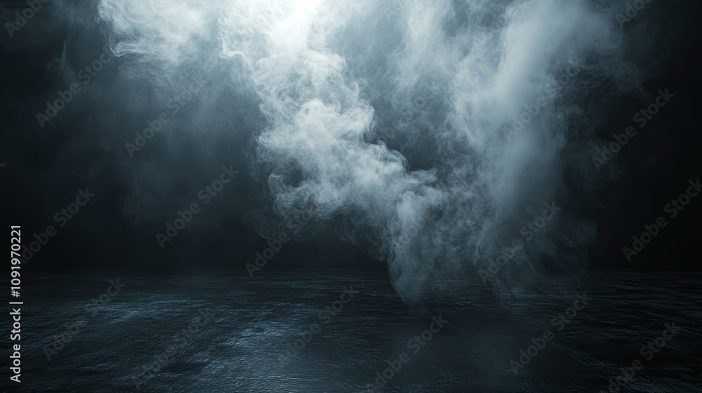 Poster ethereal mist rising from a reflective dark surface, creating a mysterious and atmospheric scene, hi