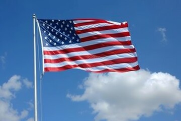 Fototapeta premium The red, white, and blue American flag is raised high, billowing gently in the breeze under a bright sky filled with white clouds on a sunny day.
