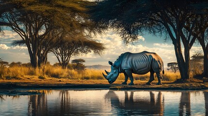 A rhinoceros grazing next to a watering hole surrounded by acacia trees.


