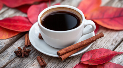 Obraz premium Cozy cup of black coffee surrounded by autumn leaves and spices on wooden table