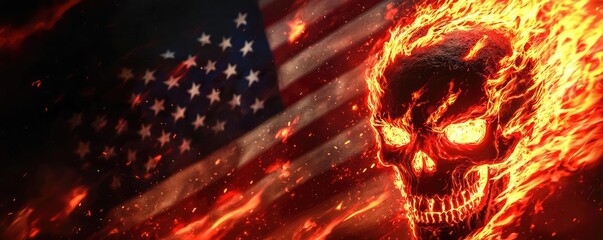 Skull with fiery effects against a backdrop of the American flag.
