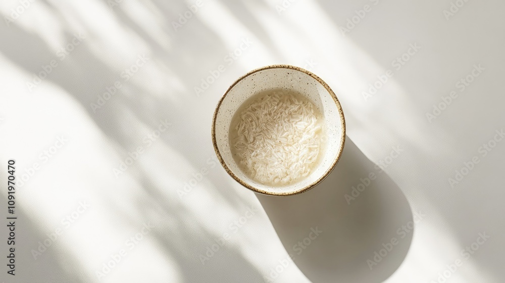 Poster close-up view of uncooked rice in a minimalist bowl on a light background with soft shadows laying a
