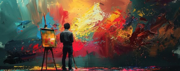 The silhouette of a painter at their canvas, with a chaotic splash of colors behind