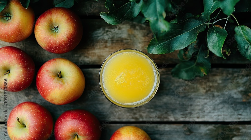 Poster freshly squeezed apple juice surrounded by vibrant red apples on a rustic wooden surface creating a 