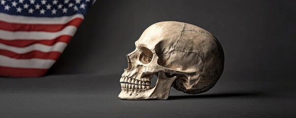 Fototapeta premium Realistic human skull on dark backdrop, with American flag in background.