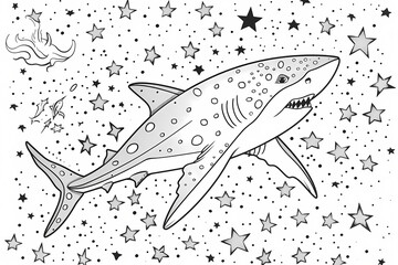 Fototapeta premium A detailed black and white illustration of a shark swimming among stars, combining elements of sea life and celestial themes.