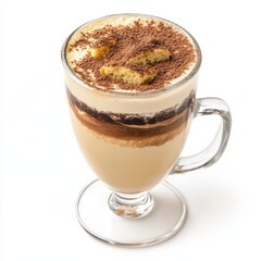 A creamy tiramisu latte with cocoa dusting and ladyfinger crumbles, served in a clear glass mug, isolated white background