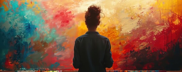 The silhouette of a painter at their canvas, with a chaotic splash of colors behind