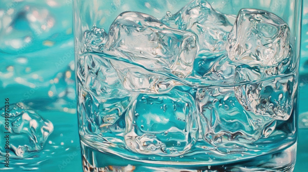 Aufkleber close-up view of ice cubes in a clear glass with sparkling water on a vibrant blue background creati