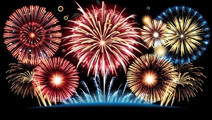 Fototapeta premium Bright, colorful fireworks display, illustration of a spectacular fireworks show, painting the black sky with bursts of light