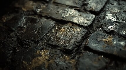 Dark, Weathered Cobblestones with Texture and Shadows in Low-Light Conditions, Evoking a Sense of History and Urban Atmosphere on a Rainy Day