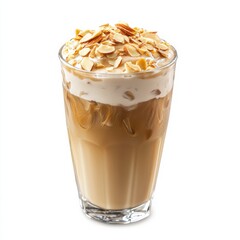 A creamy vanilla almond iced coffee with a frothy top and almond flakes, isolated white background, realism art style