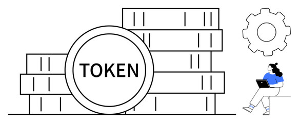 Obraz premium Stacked tokens with TOKEN text, large gear icon, and a woman using a laptop. Ideal for blockchain technology, digital finance, cryptocurrency trading, fintech solutions, online transactions, token